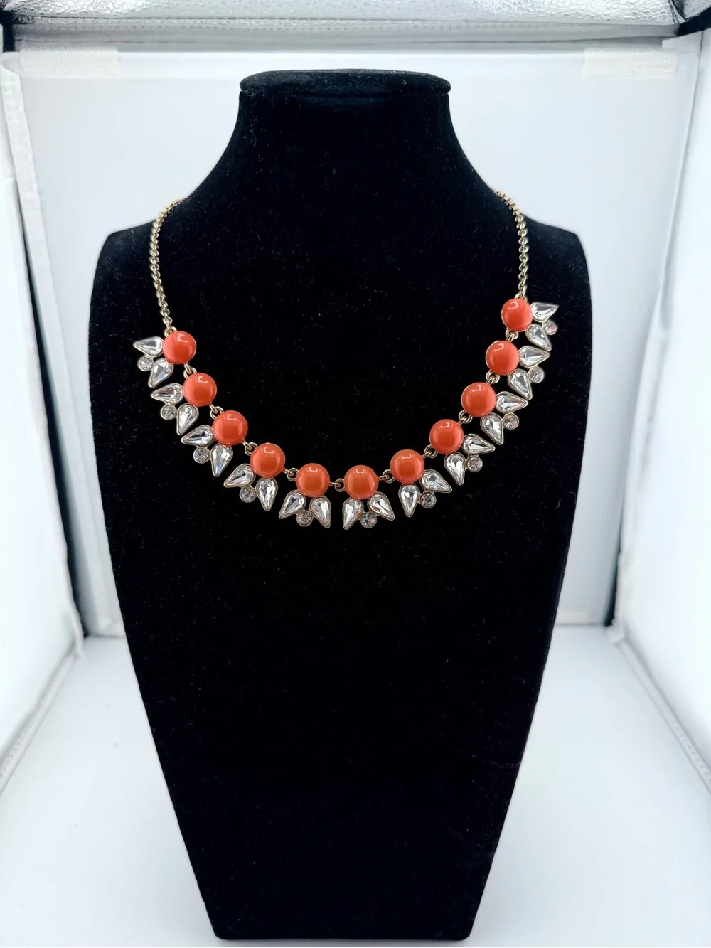 J. Crew Gold Chain Statement Necklace with Coral Red Beads